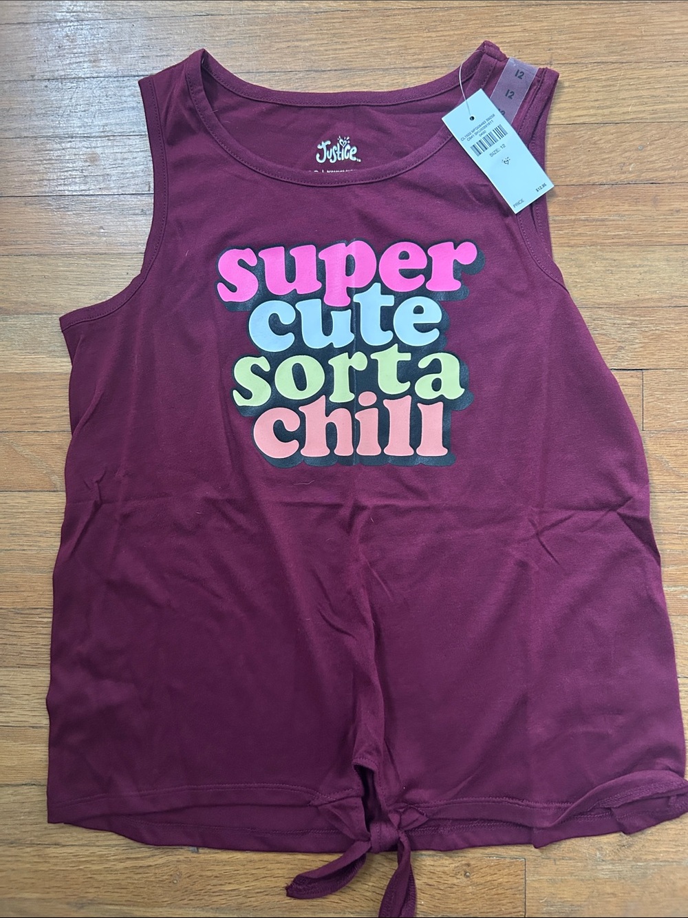 Justice Burgundy Tank Top with Multicolor 'Super Cute Sorta Chill' Graphic